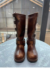 Women's Retro Brown Belt Buckle Round Head High-BS00992-Veeddydropshipping